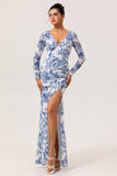White Blue Flower Sheath V-Neck Long Sleeves Chiffon Dress with Side Slit