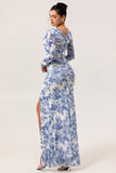 Blue Flower Mermaid V-Neck Long Sleeves Wedding Guest Dress with Slit