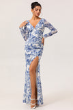 White Blue Flower Sheath V-Neck Long Sleeves Chiffon Dress with Side Slit