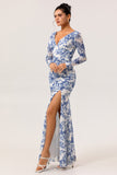 White Blue Flower Sheath V-Neck Long Sleeves Chiffon Dress with Side Slit