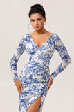 White Blue Flower Sheath V-Neck Long Sleeves Chiffon Dress with Side Slit