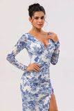 White Blue Flower Sheath V-Neck Long Sleeves Chiffon Dress with Side Slit