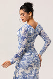 White Blue Flower Sheath V-Neck Long Sleeves Chiffon Dress with Side Slit