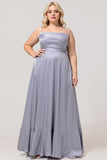 Dusty Blue A-Line Satin Long Plus Size Bridesmaid Dress with Lace Up Back