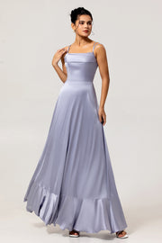 Dusty Blue A-Line Spaghetti Straps Satin Long Bridesmaid Dress with Lace Up Back