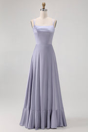 Dusty Blue A-Line Satin Long Bridesmaid Dress with Lace Up Back