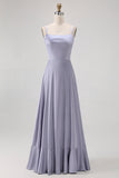 Dusty Blue A-Line Spaghetti Straps Satin Long Bridesmaid Dress with Lace Up Back