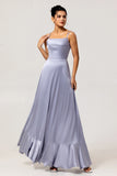 Dusty Blue A-Line Spaghetti Straps Satin Long Bridesmaid Dress with Lace Up Back