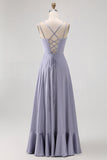 Dusty Blue A-Line Spaghetti Straps Satin Long Bridesmaid Dress with Lace Up Back