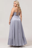 Dusty Blue A-Line Satin Long Plus Size Bridesmaid Dress with Lace Up Back