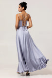 Dusty Blue A-Line Spaghetti Straps Satin Long Bridesmaid Dress with Lace Up Back