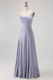 Dusty Blue A-Line Satin Long Bridesmaid Dress with Lace Up Back
