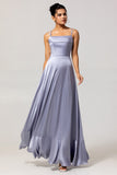 Dusty Blue A-Line Spaghetti Straps Satin Long Bridesmaid Dress with Lace Up Back