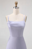 Dusty Blue A-Line Satin Long Bridesmaid Dress with Lace Up Back