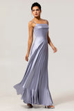 Dusty Blue A-Line Spaghetti Straps Satin Long Bridesmaid Dress with Lace Up Back