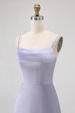 Dusty Blue A-Line Satin Long Bridesmaid Dress with Lace Up Back
