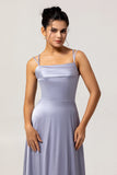 Dusty Blue A-Line Spaghetti Straps Satin Long Bridesmaid Dress with Lace Up Back