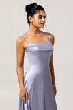 Dusty Blue A-Line Spaghetti Straps Satin Long Bridesmaid Dress with Lace Up Back