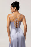 Dusty Blue A-Line Spaghetti Straps Satin Long Bridesmaid Dress with Lace Up Back