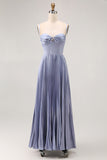 Dusty Blue A-Line Spaghetti Straps Satin Pleated Long Bridesmaid Dress