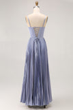 Dusty Blue A-Line Spaghetti Straps Satin Pleated Long Bridesmaid Dress