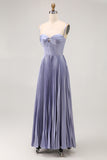 Dusty Blue A-Line Spaghetti Straps Satin Pleated Long Bridesmaid Dress