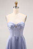 Dusty Blue A-Line Spaghetti Straps Satin Pleated Long Bridesmaid Dress