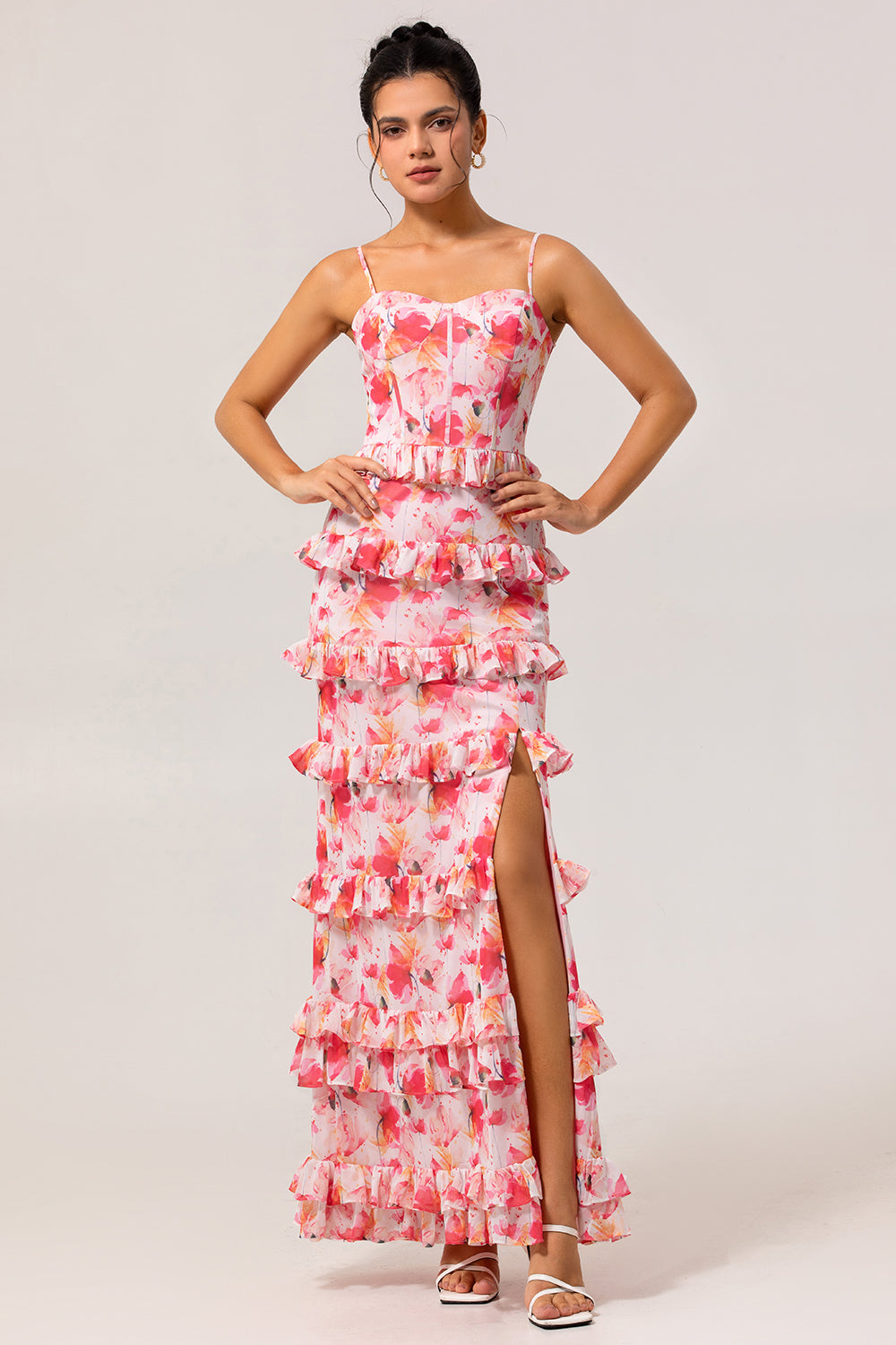 WEDTREND Women Pink Floral Fitted Long Bridesmaid Dress with Slit Tiered Corset Print Wedding Guest Dress with Ruffles WEDTREND Women Pink Floral Fitted Long Bridesmaid Dress with Slit Tiered Corset Print Wedding Guest Dress with Ruffles