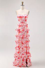 Pink Sheath Spaghetti Straps Tiered Corset Print Floral Long Bridesmaid Dress with Slit
