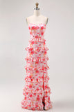 Pink Sheath Spaghetti Straps Tiered Corset Print Floral Long Bridesmaid Dress with Slit