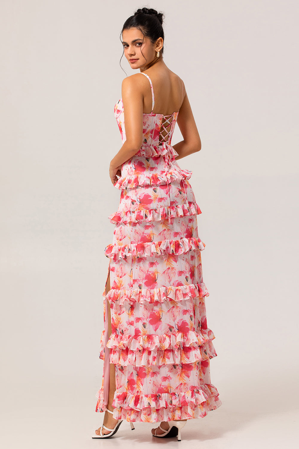 WEDTREND Women Pink Floral Fitted Long Bridesmaid Dress with Slit Tiered Corset Print Wedding Guest Dress with Ruffles WEDTREND Women Pink Floral Fitted Long Bridesmaid Dress with Slit Tiered Corset Print Wedding Guest Dress with Ruffles