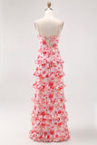 Pink Sheath Spaghetti Straps Tiered Corset Print Floral Long Bridesmaid Dress with Slit