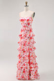 Pink Sheath Spaghetti Straps Tiered Corset Print Floral Long Bridesmaid Dress with Slit