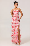Pink Floral Fitted Tiered Corset Print Long Bridesmaid Dress with Slit