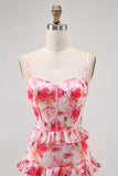 Pink Sheath Spaghetti Straps Tiered Corset Print Floral Long Bridesmaid Dress with Slit
