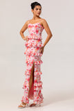 Pink Floral Fitted Tiered Corset Print Long Bridesmaid Dress with Slit