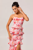 Pink Floral Fitted Tiered Corset Print Long Bridesmaid Dress with Slit