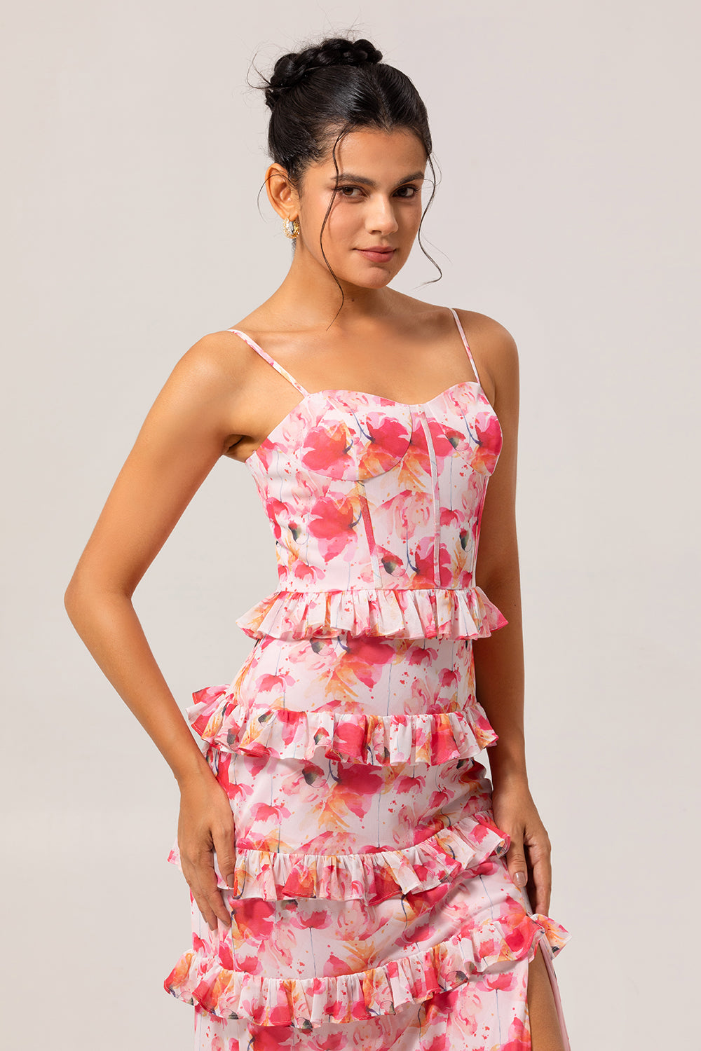 WEDTREND Women Pink Floral Fitted Long Bridesmaid Dress with Slit Tiered Corset Print Wedding Guest Dress with Ruffles WEDTREND Women Pink Floral Fitted Long Bridesmaid Dress with Slit Tiered Corset Print Wedding Guest Dress with Ruffles