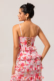 Pink Floral Fitted Tiered Corset Print Long Bridesmaid Dress with Slit