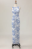 White Blue Flower Sheath Printed Long Wedding Guest Dress
