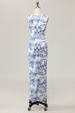 White Blue Flower Sheath Printed Long Wedding Guest Dress