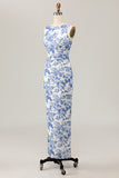 White Blue Flower Sheath Printed Long Wedding Guest Dress