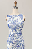 White Blue Flower Sheath Printed Long Wedding Guest Dress