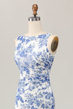 White Blue Flower Sheath Printed Long Wedding Guest Dress