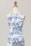 White Blue Flower Sheath Printed Long Wedding Guest Dress