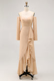 Champagne Sheath Off the Shoulder Long Bridesmaid Dress with Ruffles