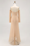 Champagne Sheath Off the Shoulder Long Bridesmaid Dress with Ruffles