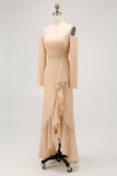 Champagne Sheath Off the Shoulder Long Bridesmaid Dress with Ruffles