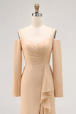 Champagne Sheath Off the Shoulder Long Bridesmaid Dress with Ruffles