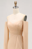 Champagne Sheath Off the Shoulder Long Bridesmaid Dress with Ruffles